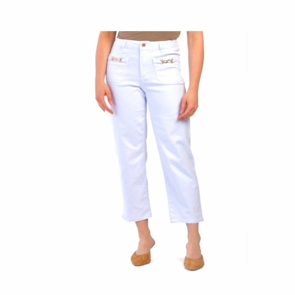 Camila Coelho Revolve White Cropped Pants Gold Horsebit Detail Coastal Resort